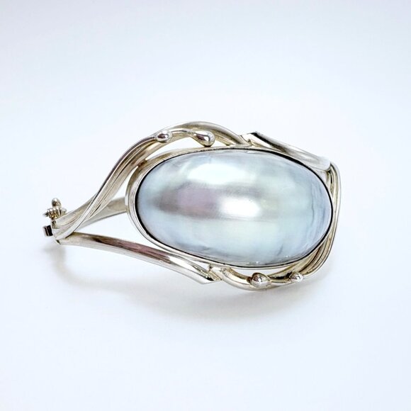 VTG Sterling Silver 925 Large Gray Mobe Pearl Hinged Bangle Bracelet Size L - Picture 2 of 11